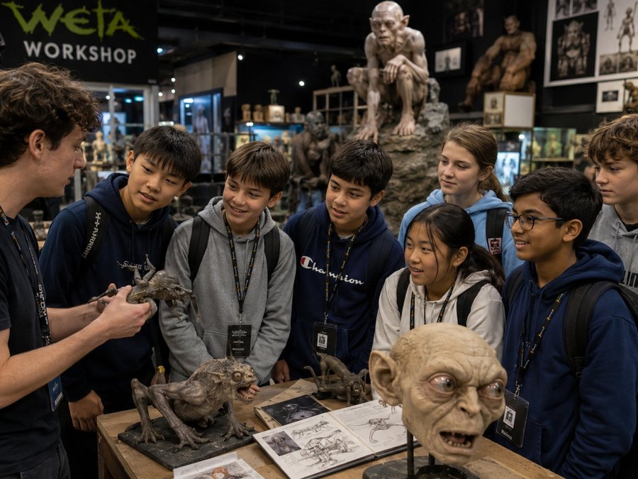 Students at Weta Workshop in Wellington learning from a designer holding creature sculptures.