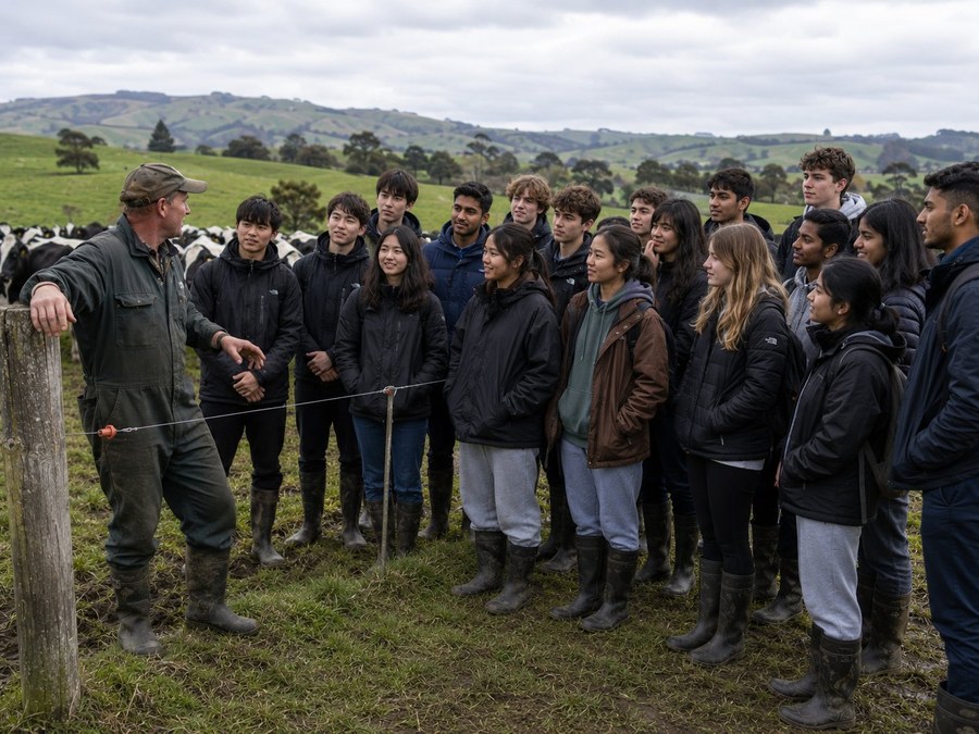 A New Zealand farmer talking to a large group of international students at a working dairy farm with cows in the background.