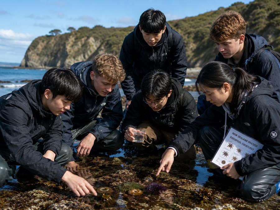 International students kneeling around a New Zealand rockpool, examining sea urchins and starfish with a reef-creature identification guide.
