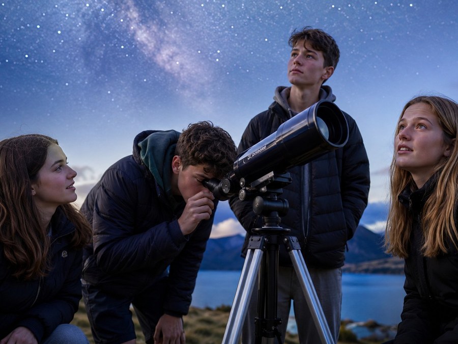 Students gathered around a telescope under the Milky Way at a New Zealand dark-sky location.