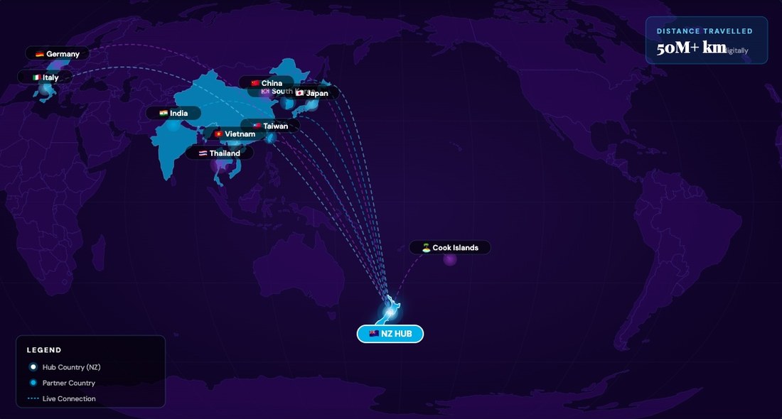 Learn English Live world map showing live classroom connections from New Zealand to partner countries including Korea, Japan, China, Vietnam, Taiwan, Thailand, India, Germany, Italy and the Cook Islands.