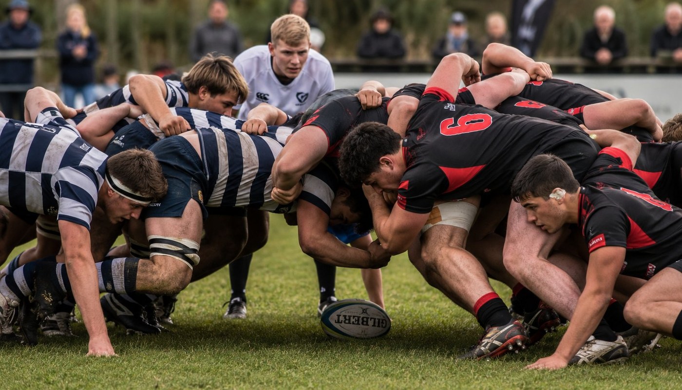 A rugby scrum locked in mid-play — front rows of two teams bound together, the ball about to be fed in.